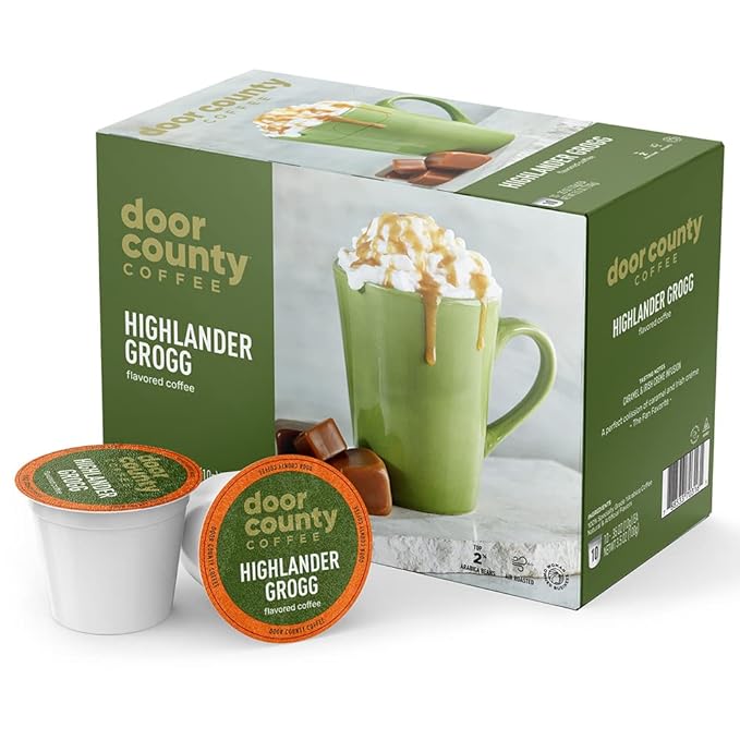 Door County Coffee Highlander Grogg Flavored Ground - 60 Count Single Serve Cups - Medium Roast - 100% Specialty Arabica - Flavored Gourmet - Caramel &amp Irish Cream