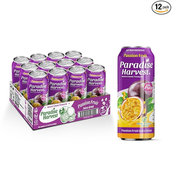 Paradise Harvest Passsion Fruit Juice Drink with Pulp 55% Real Fruit Juice NFC 16.57 Fl Oz (490mL) Pack of 12
