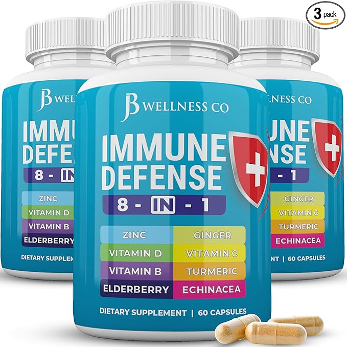 Immune Support 8 in 1 Capsules - Zinc Supplement Vitamin D3 Vitamin C and Elderberry - Immune Booster Supplement with Echinacea Ginger Root and Turmeric - [3-Pack 180 Count]