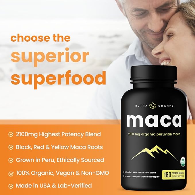 NutraChamps USDA Organic Maca Root Capsules for Women &amp Men 2100mg 180 Capsules Black Red &amp Yellow Peruvian Maca Peruana Extra Strength Pure Premium Gelatinized Root Powder Supplement