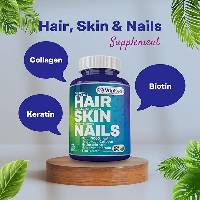 VitaMed Hair Skin &amp Nails – Biotin 5000 mcg Collagen OptiMSM Keratin Hyaluronic Acid &amp Silica | Supports Hair Growth Radiant Skin Strong Nails | Halal Non-GMO Gluten-Free – 60 Beauty