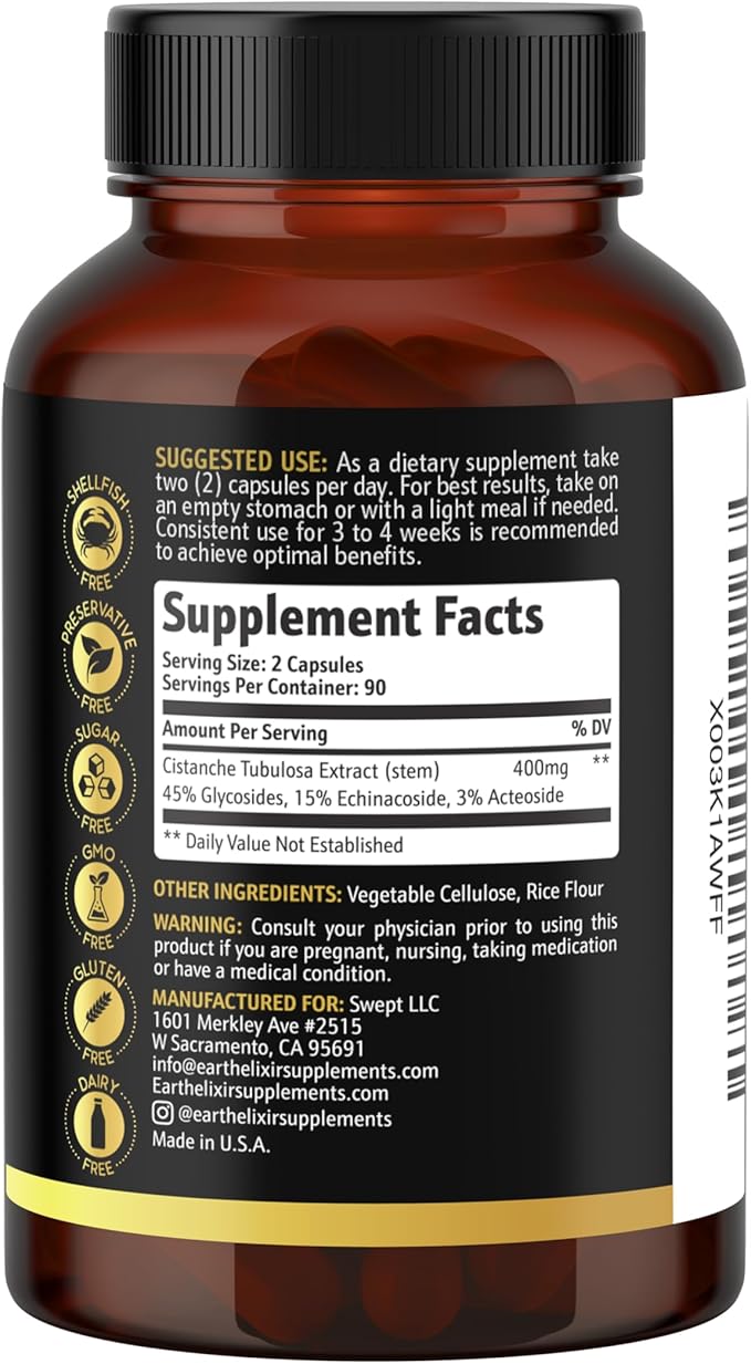 Earth Elixir Cistanche Supplement for Men &amp Women – Potent Cistanche Tubulosa Extract Capsules for Daily Vitality Strength &amp Performance Support – Made in USA 3rd Party Tested &amp 3 Month