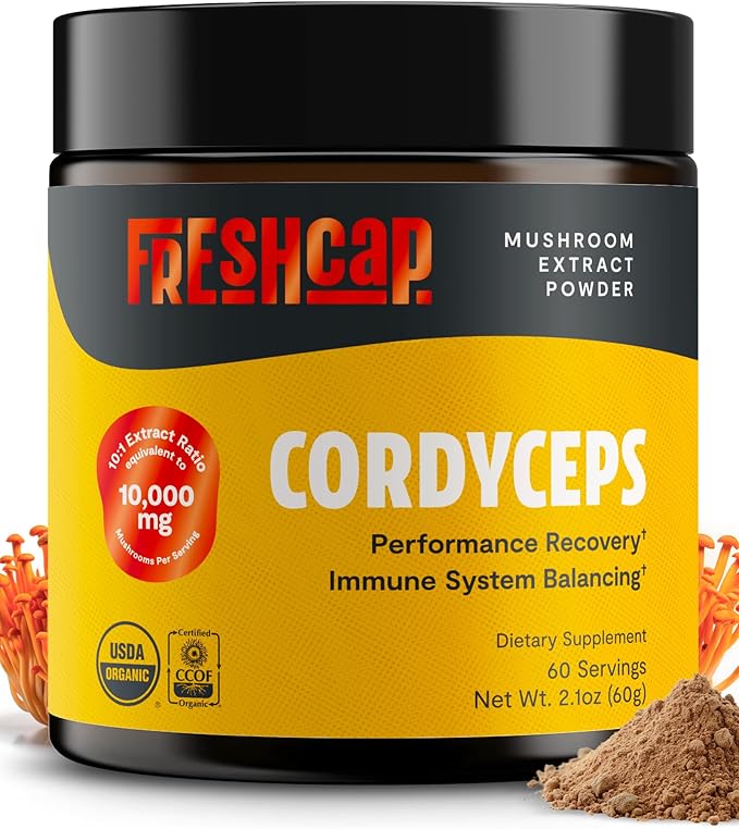 FreshCap Mushrooms Cordyceps Mushroom Powder 10000mg - Mushroom Extract Immunity Supplement Ayurveda Nootropic Mushroom Supplements (60 Servings)