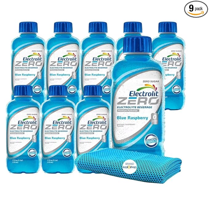Electrolit Zero Blue Raspberry Hydration Drink With Electrolytes 21 fl oz Plastic Bottle 9 Pack + 1 Microfiber Cooling Towel by KOOL8SHOP Infinite Deals