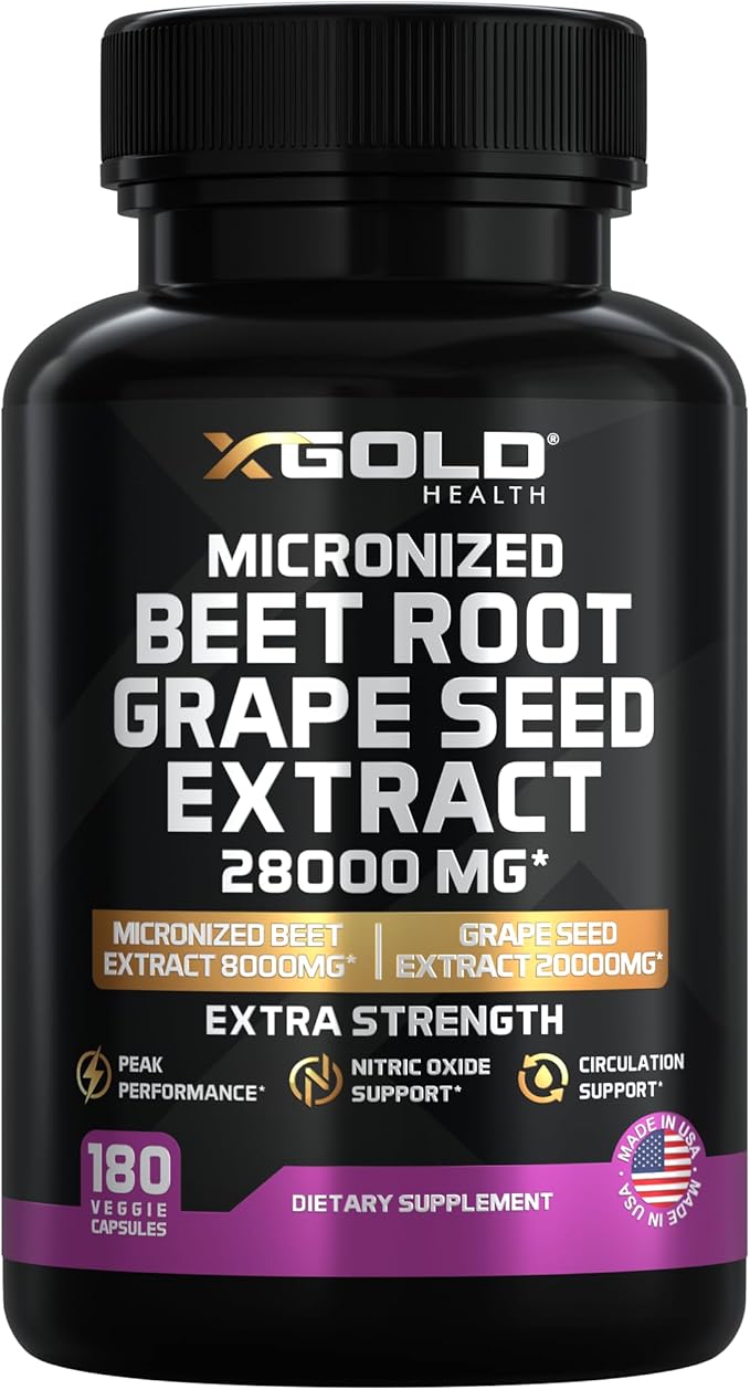 X Gold Health Beet Root Extract with Grape Seed Extract 28000mg Equivalent Nitric Oxide &amp Circulation Support Extra Strength Micronized Formula 180 Veggie Capsules