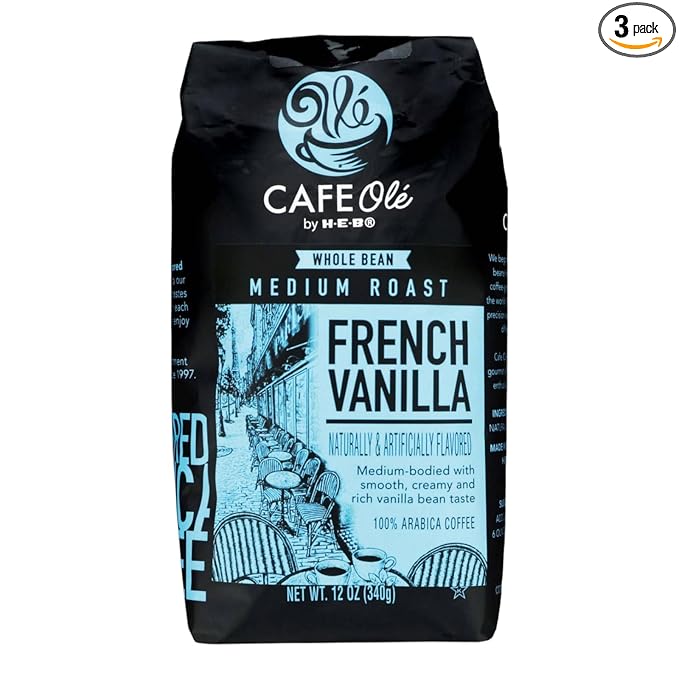 HEB Cafe Ole Whole Bean Coffee 12oz Bag (Pack of 3) (French Vanilla - Medium Dark Roast (Full City))