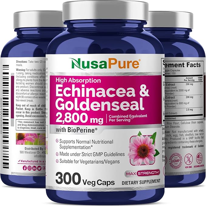 NusaPure Echinacea Goldenseal 200mg (Extract 10:1 Equivalent to 2000mg) 200mg (Extract 4:1 Equivalent to 800mg) - 2800mg 300 Veggie Caps (Vegetarian Non-GMO Vegan)