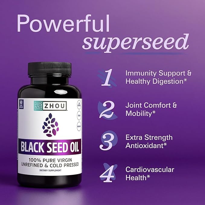 ZHOU Black Seed Oil Capsules - Black Cumin Seed Oil Cold Pressed Nigella Sativa Pure Unrefined Blackseed Premium Supplement for Health Hair &amp Skin w/Thymoquinone - 60 Capsules (Pack of 2)