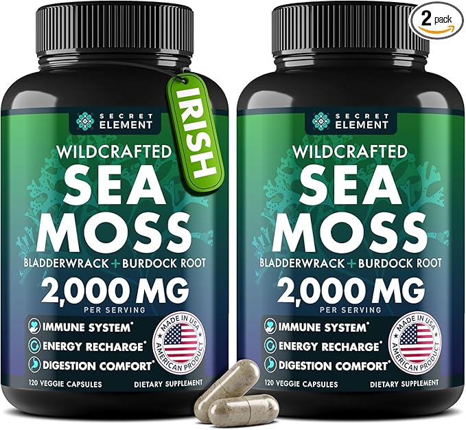 Sea Moss Capsules - Irish Sea Moss Advanced with Burdock Root Bladderwrack &amp Muira Puama for Immunity Gut &amp Energy - Superfood Sea Moss Supplements w/Raw Sea Moss Powder (2 Pack)