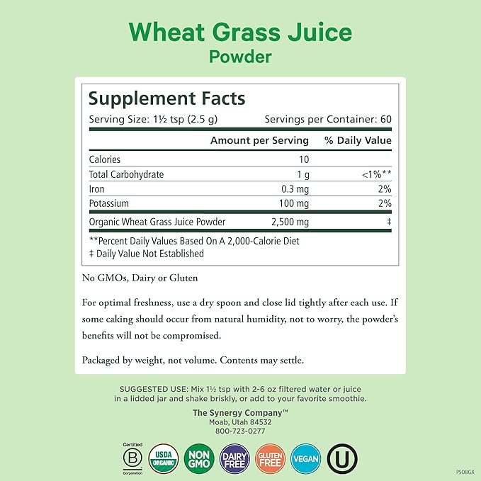 PURE SYNERGY Organic Wheat Grass Juice Powder | Chlorophyll-Rich Green Juice Powder | Raw Organic USA Wheat Grass | for Energy Alkaline Balance and Digestion Support (5.3 oz.)