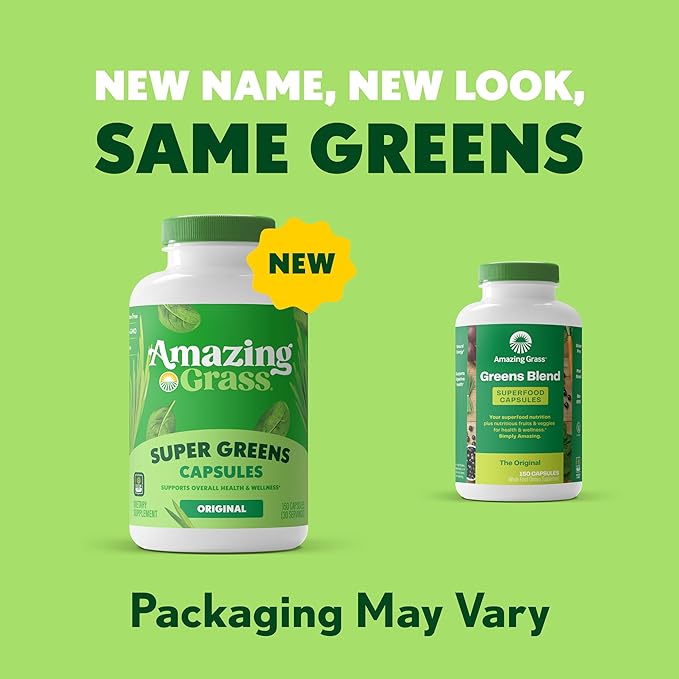 Amazing Grass Greens Blend Superfood Capsules: Super Greens with Organic Spirulina Chlorella Beet Root Powder Digestive Enzymes &amp Probiotics 150 Capsules (Packaging May Vary)
