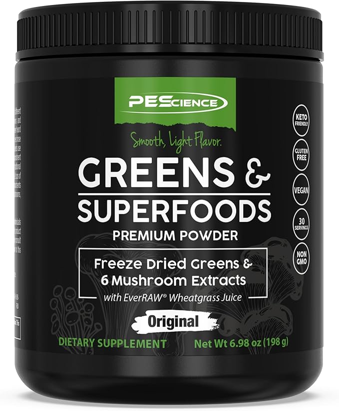 PEScience Greens Powder Superfood with Natural Chlorophyll Reishi &amp Turkey Tail Mushroom Powders Freeze-Dried Kale Spinach Broccoli Sprouts with Antioxidants - Original Flavor 30 Servings
