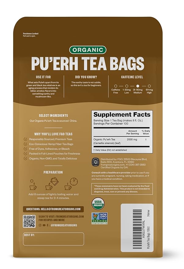 FGO Organic Pu'erh Tea 100 Count Eco-Conscious Black Tea Bags Resealable Bag Packaging May Vary (Pack of 1)