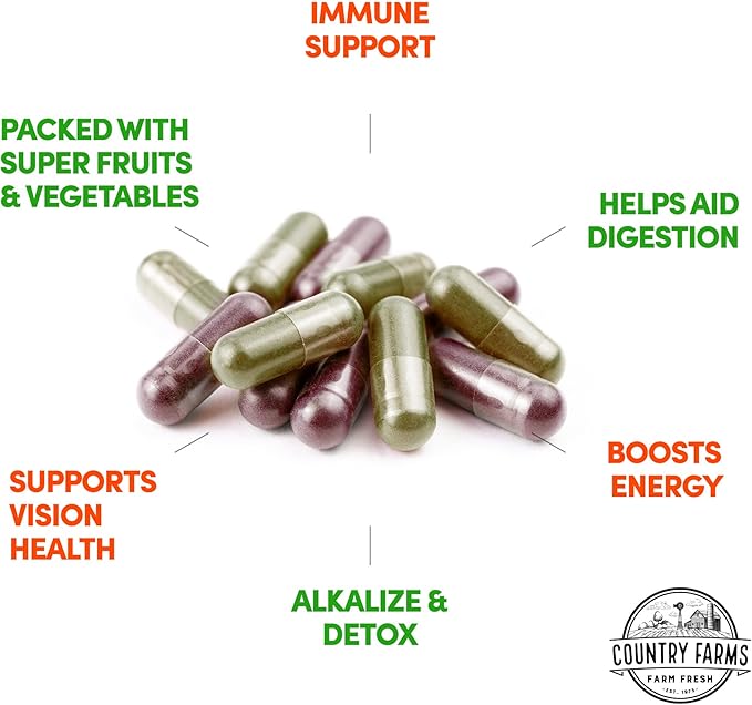 Country Farms Fruits and Vegetables Supplement 180 Fruit and 180 Veggie Capsules Greens and Reds Packed with Superfoods Powerful Antioxidants 60 Servings