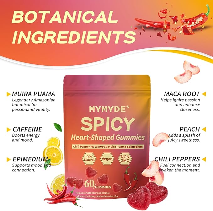 Spicy Square Gummy Heart-Shaped Intimacy Gummies with Muira Puama Chili Pepper Maca&amp Epimedium for Promote Hormone Balance Vegan Peach Flavor (60 Gummies)