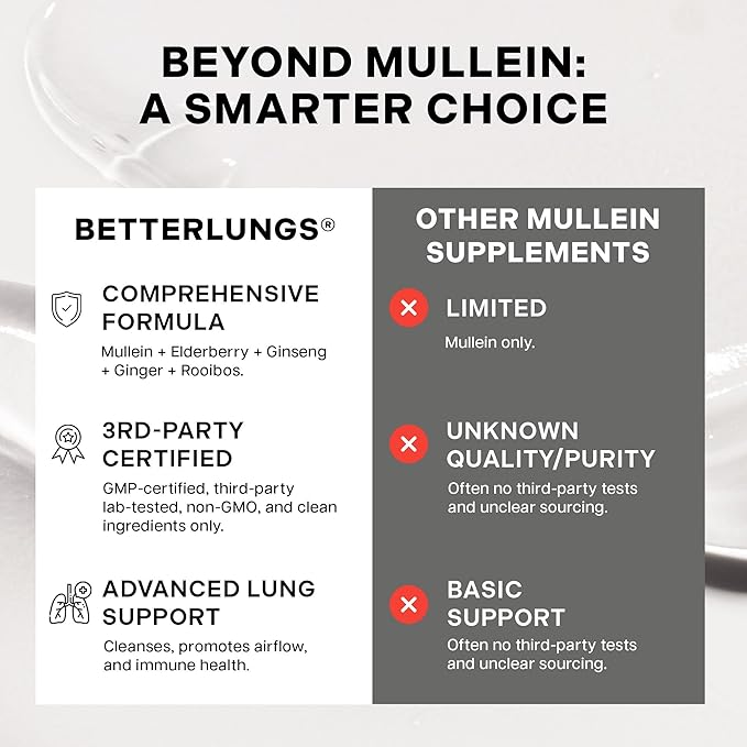 Betterbrand Mullein Tea Bags for Lung Detox - Respiratory Support with Thyme Elderberry Ginseng Ginger Caffeine Free Herbal Blend - 15 Tea Bags (Pack of 1)