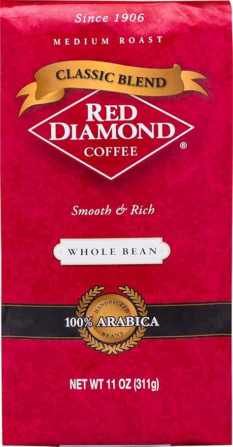 Red Diamond Whole Bean Coffee Classic Blend Medium Roast Premium Arabica Whole Beans Smooth &amp Rich Flavor 11 Ounce Resealable Bag