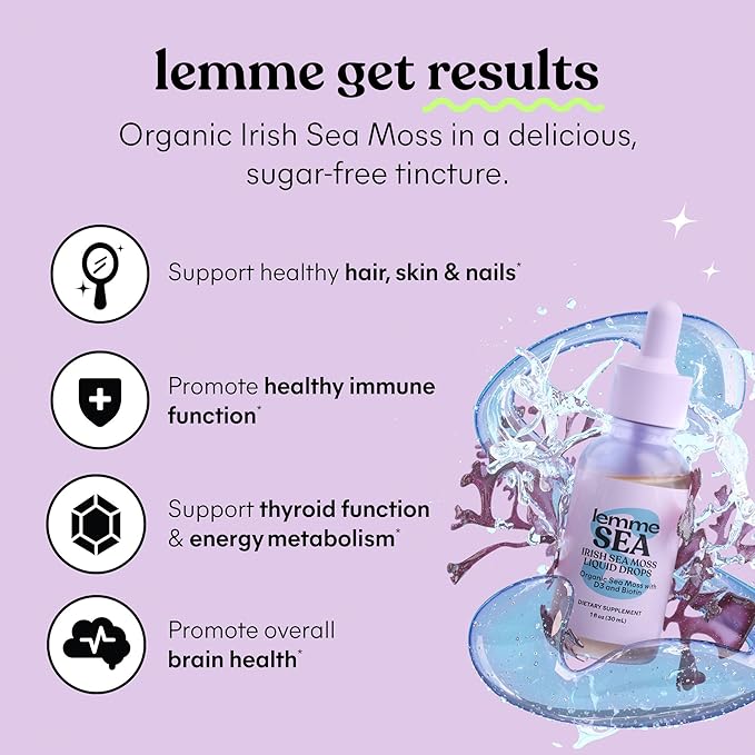 Lemme Irish Sea Moss Organic Liquid Drops with Vitamin D3 and Biotin for Trace Mineral Support Immunity Hair Skin &amp Nails Brain Health - Gluten &amp Sugar Free Non GMO 1 oz 30 Servings