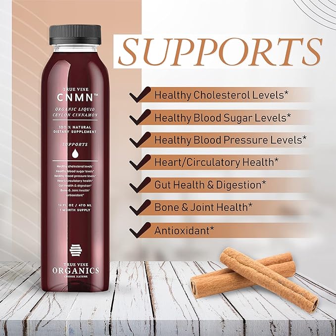 True Vine 3200mg Liquid Ceylon Cinnamon Supplement (Made in USA) for Healthy Heart Blood Pressure Sugar Cholesterol Gut &amp Joints — 100% Organic Ceylon Cinnamon to Fight Free Radicals (16 fl oz