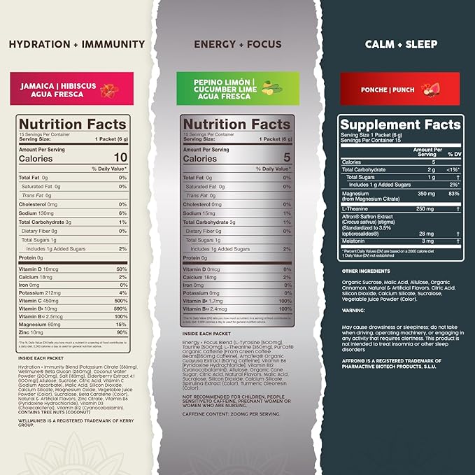 Salud Variety 3-Pack | 2-in-1 Calm + Sleep (Punch) Hydration + Immunity (Hibiscus) &amp Energy + Focus (Cucumber Lime) - 15 Servings Each Drink Mix Non-GMO Gluten Free Low Calorie 1g of Sugar