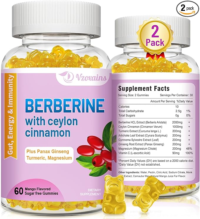Berberine with Ceylon Cinnamon Gummies High Potency Berberine HCI Supplement Immune Health Support 120 Mango Flavored Gummies