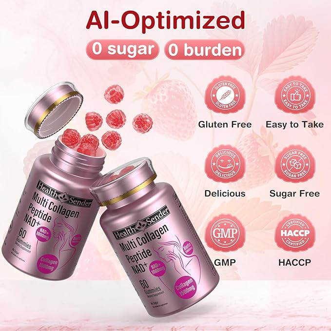 Collagen Peptide Gummies Sugar-Free Woman &ampMan's Proteins Collagen Gummy Filled 1500mg Hydrolyzed Collagen Type IIIIIIVX1000mg NAD 15000mcg Biotin Supplement for Skin Hair Nails