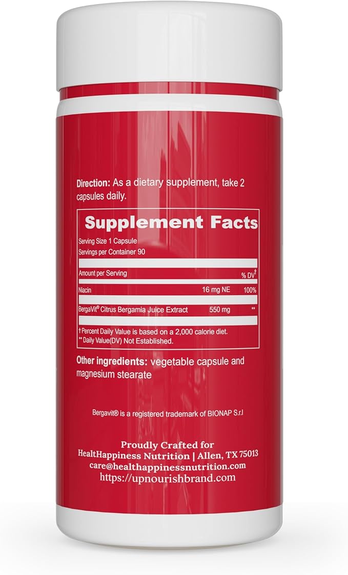 UpNourish BERGAVIT Citrus Bergamot Cholesterol Supplement - Italian Citrus Bergamot Extract 550mg for Women and Men 90 Vegan Capsules