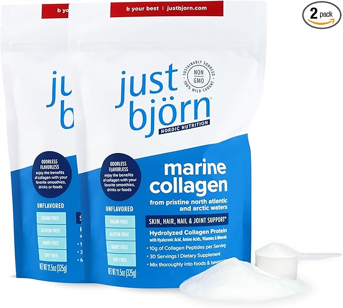 Just Bjorn Marine Collagen Peptides Powder for Women &amp Men - Skin Hair Nail and Joint Support - Hyaluronic Acid Vitamin C Amino Acids - Unflavored (30 Servings / 11.5 Ounce/Pack of 2)