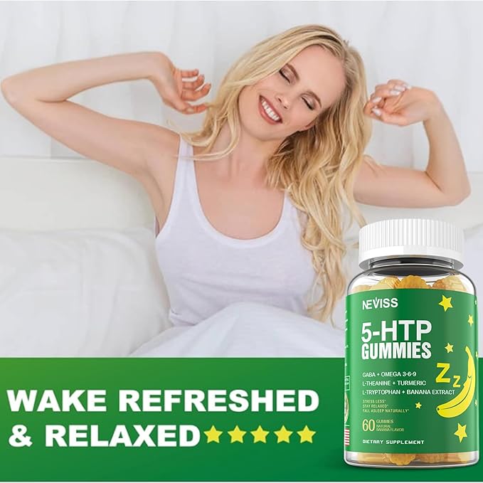 5-HTP 400MG Gummies + GABA - Melatonin Free - Relaxation Gummies with Banana Extract L-Theanine Turmeric L-Tryptophan D3 for Healthy Rest Cycle Circadian Rhythm Brain &amp Muscle Relax Pack of
