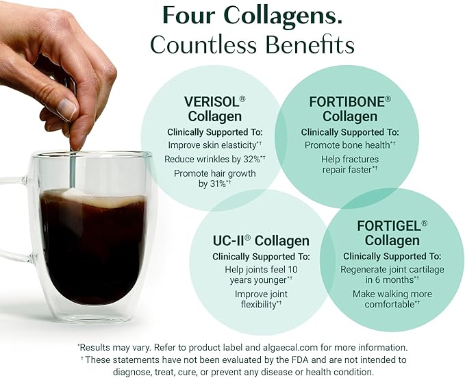 ALGAECAL Collagen - 4 Clinically-Supported Peptides VERISOL® FORTIGEL® UC-II® FORTIBONE® Anti-Aging Hydrolyzed Collagen Powder 3 Packs Made in USA