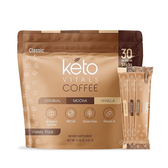 Keto Vitals Instant Keto Coffee Powder with MCT Oil &amp Vitamins - Low-Calories Low-Carb No Artificial Sweeteners – Energy &amp Metabolism Support – 30 Single-Serve Sticks (Original Vanilla &amp