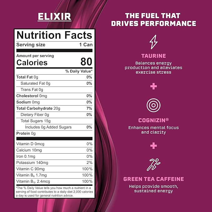 Syncron Elixir Energy Drink Cherry Flavor With 120mg Natural Caffeine From Green Tea Nootropics and Real Fruit Juice Beverage With No Sucralose or Artificial Sweeteners 12 Pack 12 Oz