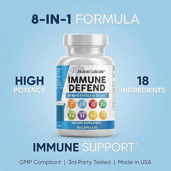 Clean Nutraceuticals Immune Defense Support Supplement 8 in 1 with Zinc 50mg Quercetin VIT C 1000mg Vitamin D3 5000 IU Elderberry Ginger - Immunity System Booster for Adults Vegan - 60 Count