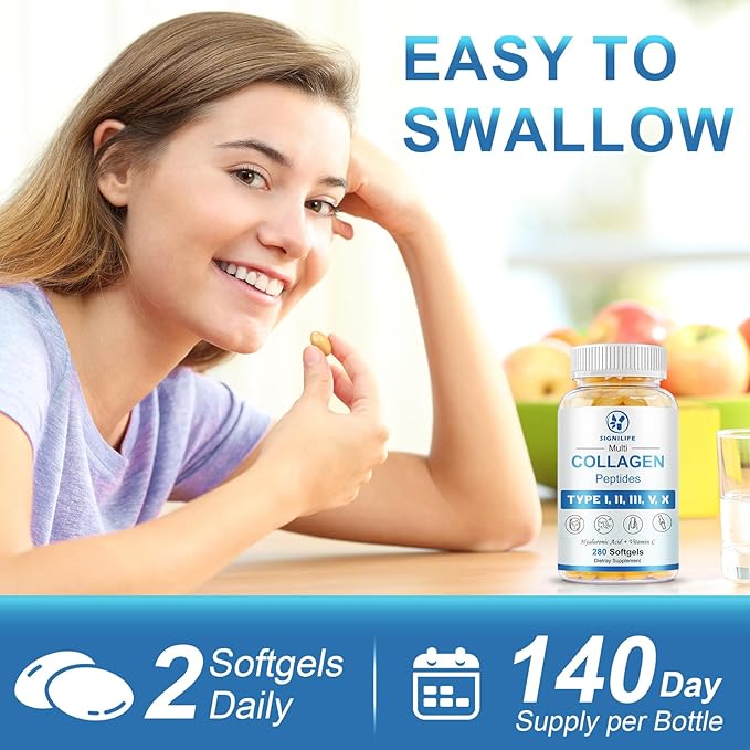 Multi Collagen Peptides for Women &amp Men Hydrolyzed Collagen Peptides-Type I II III V X - with Hyaluronic AcidVitamin CBiotinSupports Skin Hair Nail Non-GMO 280 Softgels