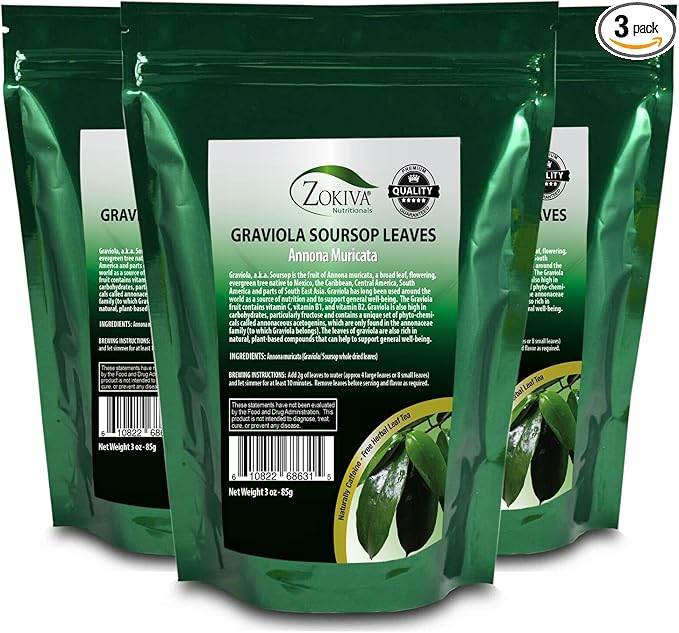 Soursop Leaves Hojas De Guanabana 1 oz x 3 Pack of Graviola Leaves for Tea - A Natural Caffeine - Free Bioavailable Superfood Rich in Powerful Antioxidants - in Zip Pouch