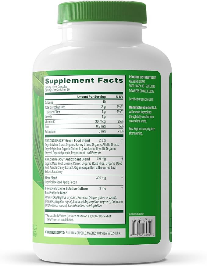 Amazing Grass Greens Blend Superfood Capsules: Super Greens with Organic Spirulina Chlorella Beet Root Powder Digestive Enzymes &amp Probiotics 150 Capsules (Packaging May Vary)