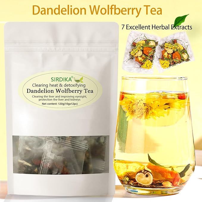 Dandelion Wolfberry Herbal Tea - Kidneys &amp Liver Health Tea Seven Herbal Ingredients Natural Blend Dandelion Wolfberry Tea Bags Organic 120g/12PC (2Bag(24Pcs))