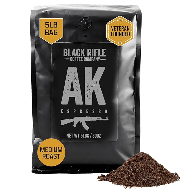 Black Rifle Coffee Company AK Espresso 5 lb Bag Ground Coffee Medium Roast - Roasted Blend Made from Arabica Beans - Colombian &amp Brazilian Beans - Veteran Founded &amp American Made