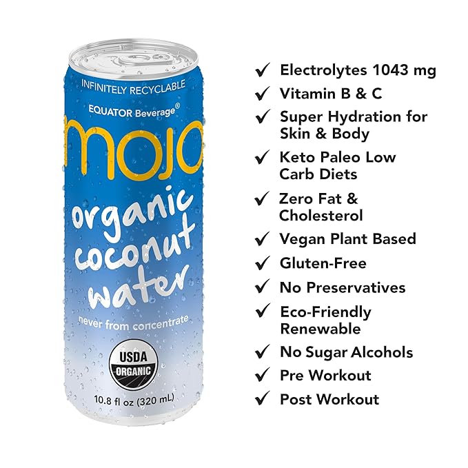 MOJO Organic Coconut Water | Hydration &amp Sports | Electrolytes 1043 mg | Vitamin B &amp C | Super Hydration for Skin &amp Body | 11.1 Oz (Pack Of 12)