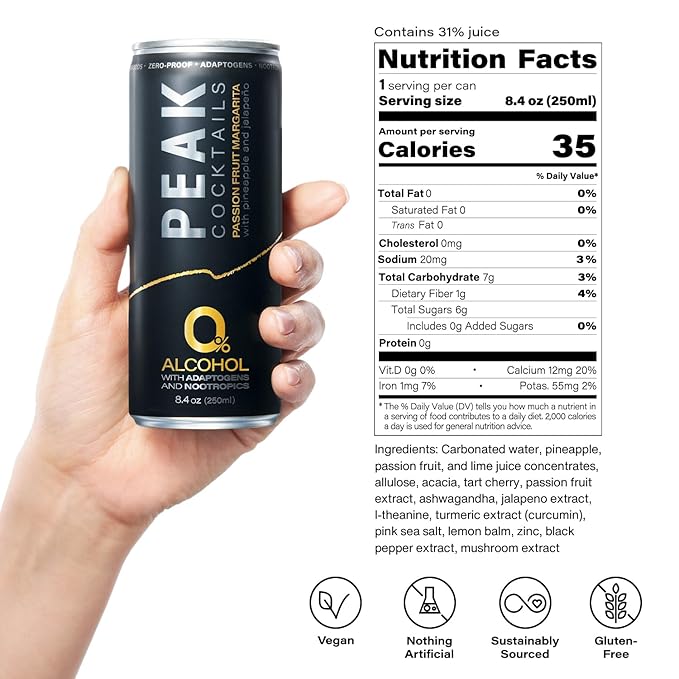 Peak Cocktails Non-Alcoholic Cocktail | Mixologist-made | Adaptogens Nootropics Superfoods for Recovery Calm Sleep | Ashwagandha Tart Cherry L-Theanine | Passion Fruit Margarita | 8.4oz 24-Pack