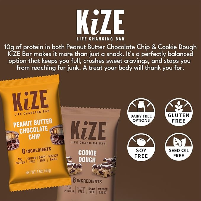 KiZE Energy Bars - Peanut Butter Chocolate Chip &amp Cookie Dough Bundle - 20-Count - Gluten Free Dairy Free Options Non-GMO and High Protein Meal Replacement Energy Bars Clean and Simple Food In