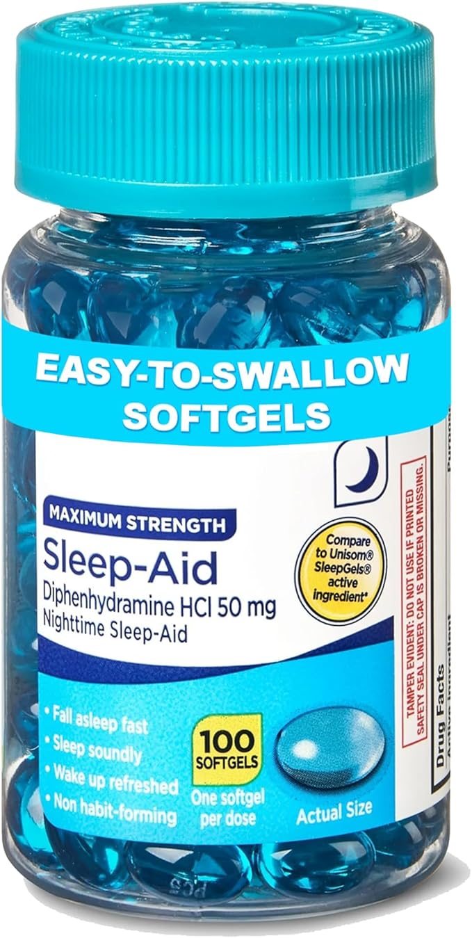 Maximum Strength Nighttime Sleep-Aid Softgels 50 mg Diphenhydramine HCl – 100 Count (100-Day Supply) – Non-Habit Forming Sleep Support – Helps You Fall Asleep Fast &amp Stay Asleep All Night