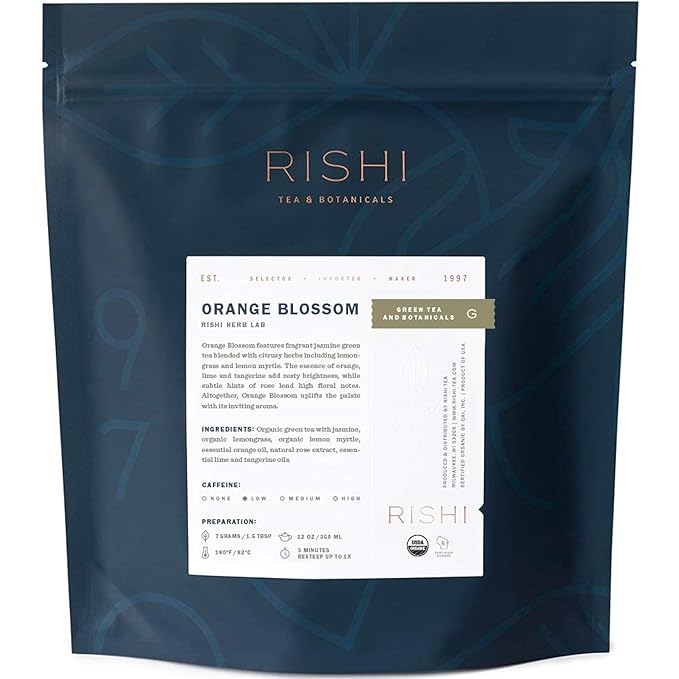 Rishi Tea Orange Blossom Green Tea - Organic Low Caffeine Loose Leaf Floral &amp Naturally Sweet Blend with Tropical Herbs and Citrus - 16 Ounces 64+ Servings