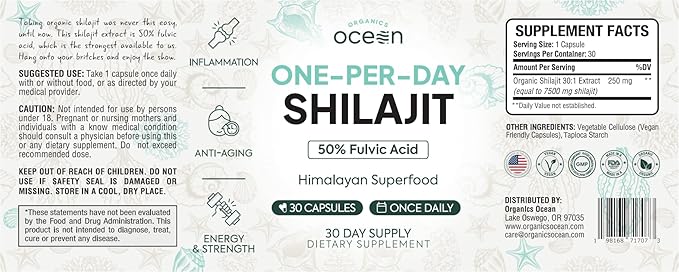 Organics Ocean One-Per-Day Shilajit for Men and Women - Natural and Potent Shilajit Supplement for Age-Defying Bone Strength Hormone Support and More - 6 Bottles Capsules