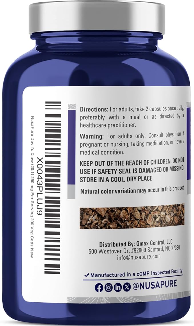 NusaPure Devil's Claw 20:1 Extract 250 mg Equivalent to 5000mg 200 Veggie Capsules Concentrated Root Extract Devils Claw Herbal Supplement Non-GMO Vegan Supplement