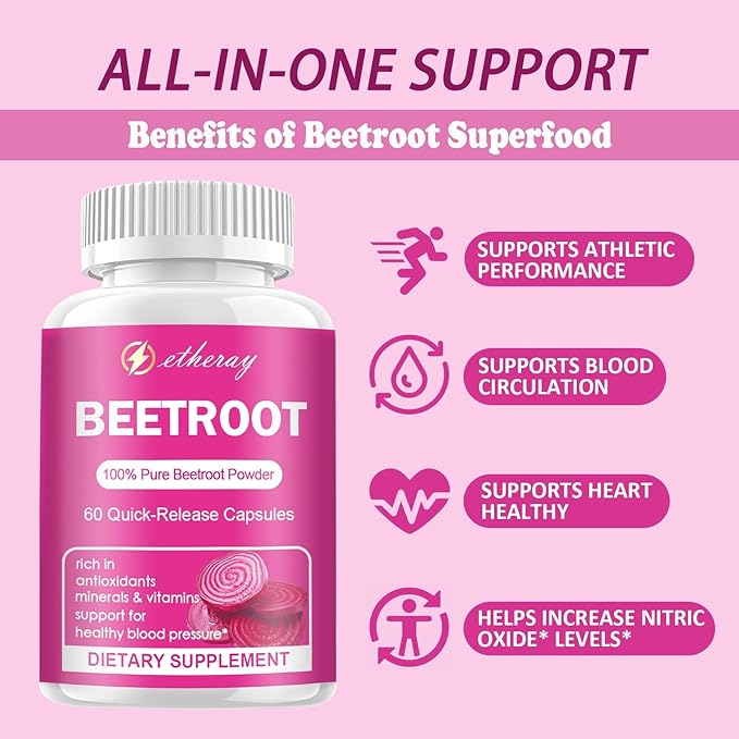 Beet Root Capsules - 1300mg Organic Pure Beetroot Beets Powder 60 Capsules-30 Days Supply | Natural &amp Vegan Supplement
