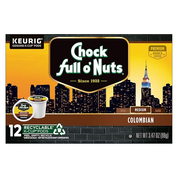 Chock Full o'Nuts Coffee K-Cup Pods (Colombian Donut Shop &amp Heavenly Hazelnut) Variety Pack