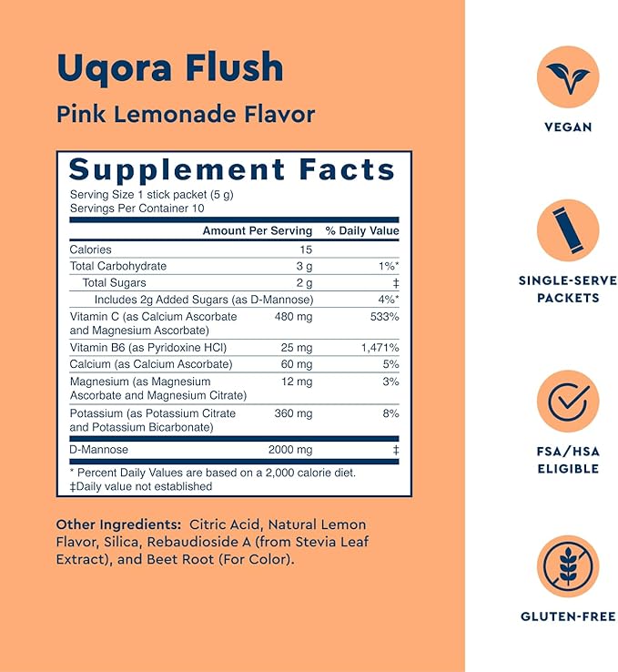 Uqora Flush - Urinary Tract* with D-Mannose Vitamin C Vitamin B6 Potassium Magnesium &amp Calcium - Gluten-Free &amp Vegan - Pink Lemonade Flavor - 10 Packets (1 Pack)