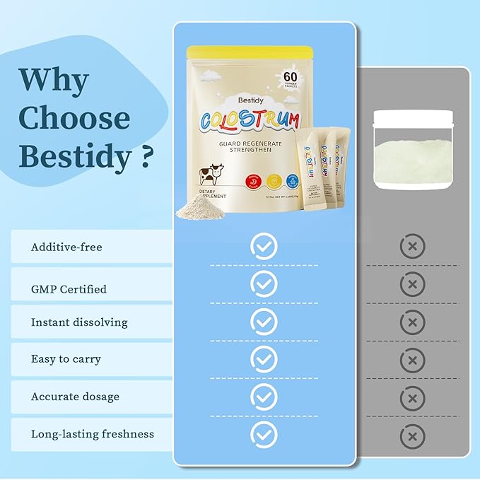 Bestidy Colostrum SupplementColostrum Powder for Gut Hair Growth Beauty Individually PackagedNatural Superfood Bovine Colostrum Powder(60 Servings) 4.23 Oz