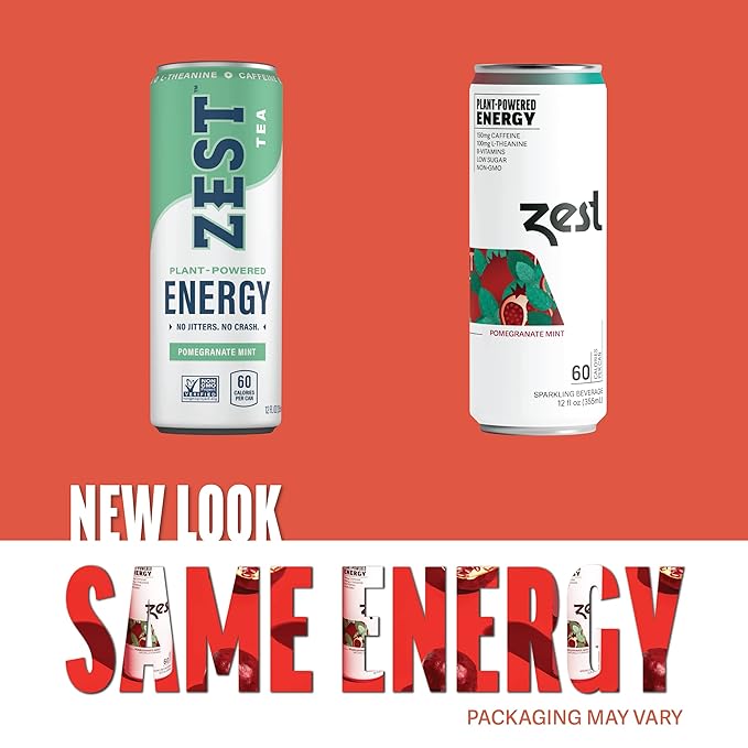 Zest Clean Energy Drink – Pomegranate Mint – 150mg Caffeine + 100mg L-Theanine – Natural Focus &amp Concentration Boost – Healthy Energy Drink 12oz Can 12 Pack – Low Sugar No Artificial Sweeteners